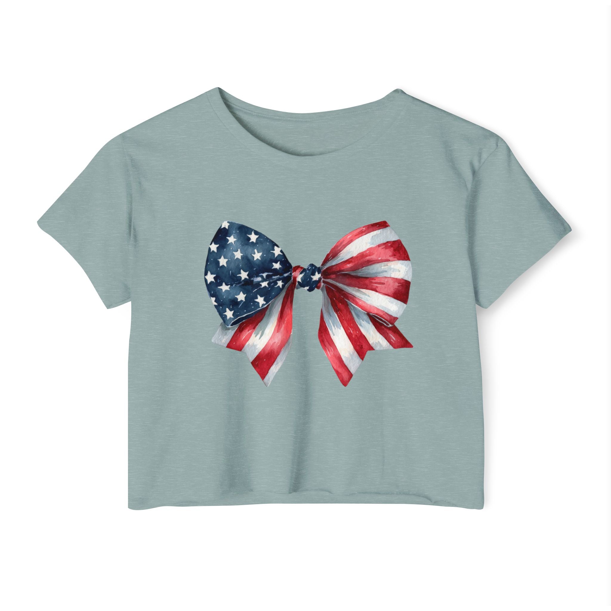 All-American Sweetheart Bow Crop 🎀 – Cute USA Flag Shirt for 4th of July Fun