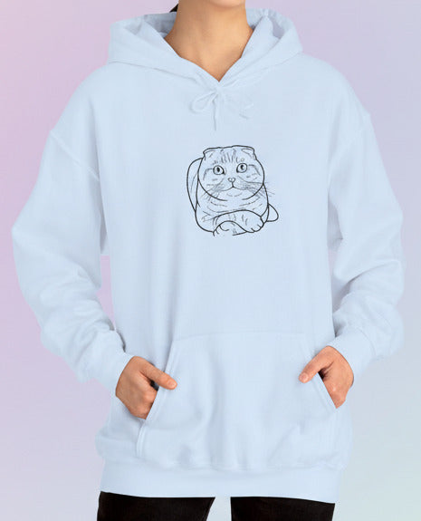 Light blue hoodie with a cat graphic worn by a person on a pastel background