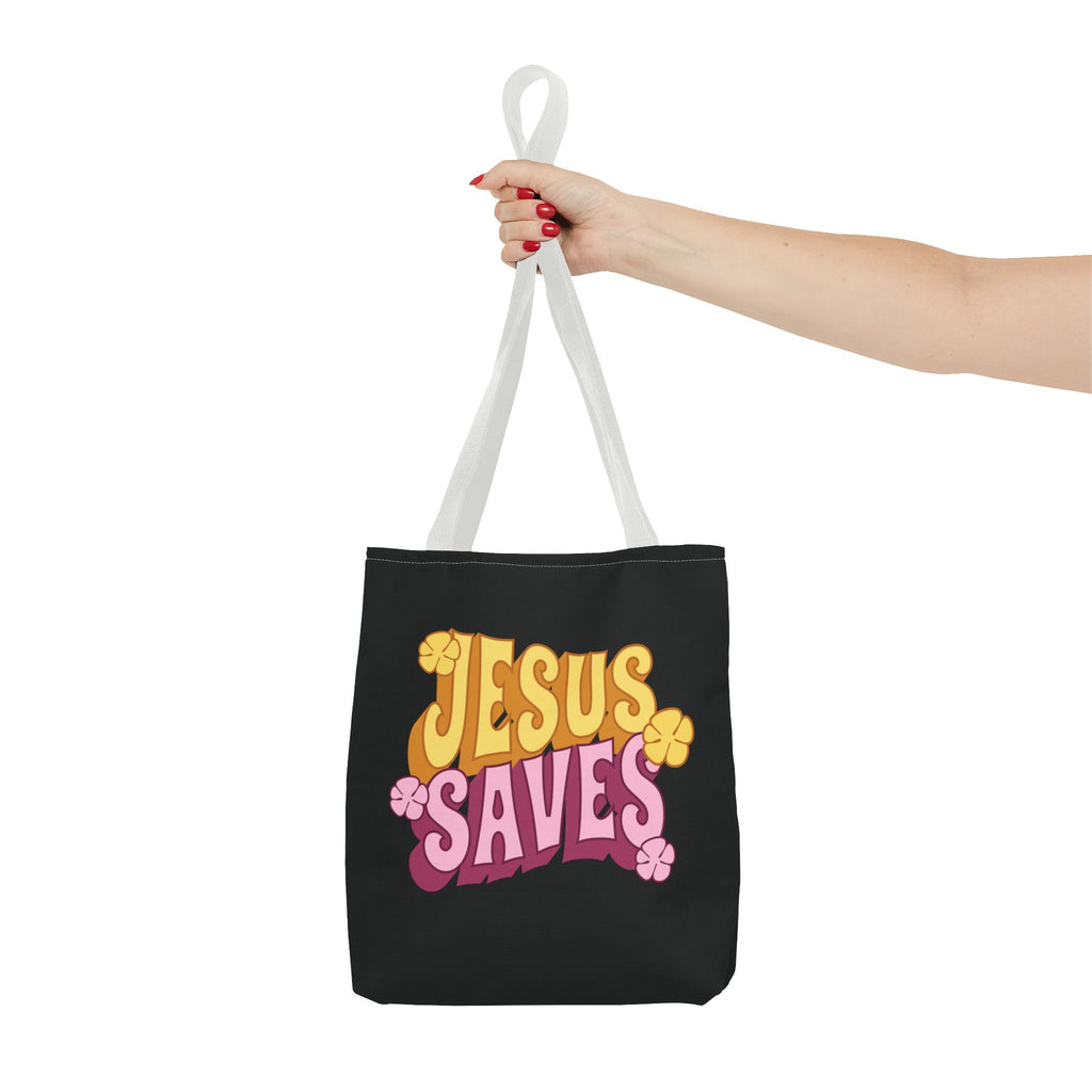 "Jesus Saves" Retro Christian Tote Bag - Stylish Eco-Friendly Shopper for Faithful Souls