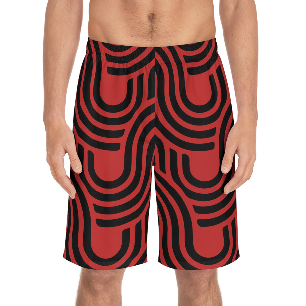 Retro Red & Black Geometric Board Shorts
