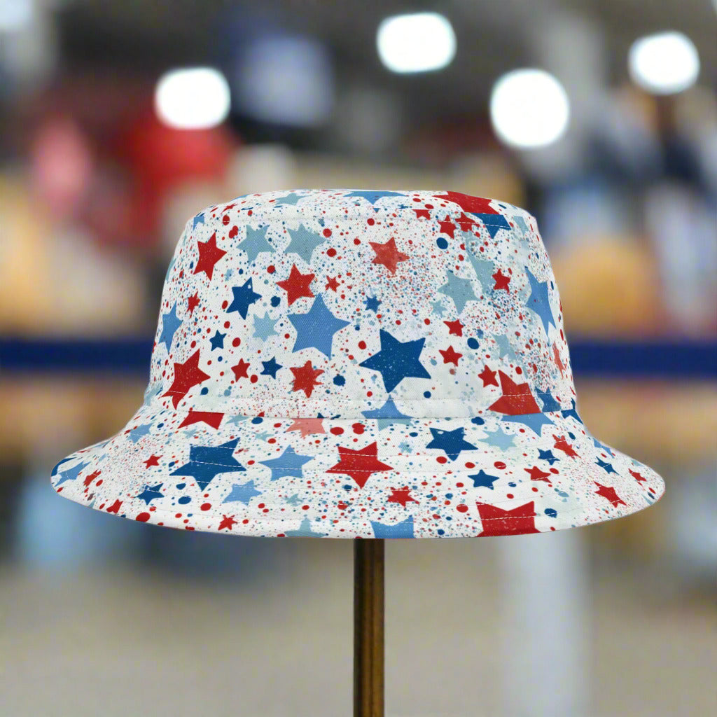 Bucket hat with red, blue, and white star pattern on a white background