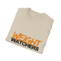 Folded beige t-shirt with 'Weight Watchers' text in orange and black on a white background