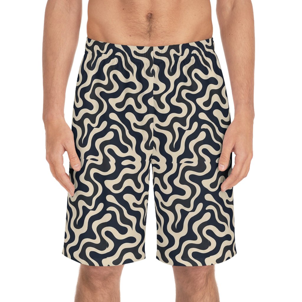 Men's Board Shorts — Retro Organic Wave Pattern Swim Trunks