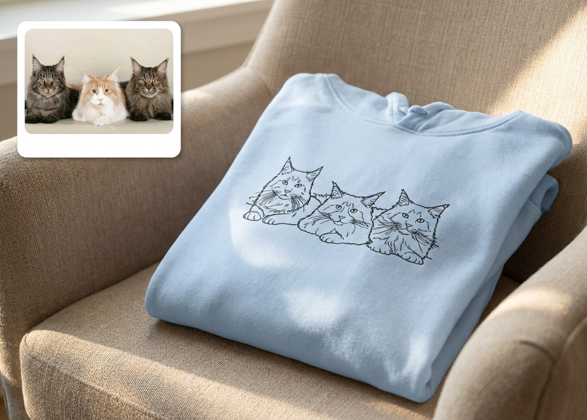 Light blue sweatshirt with cat design on a beige armchair, inset showing three cats.