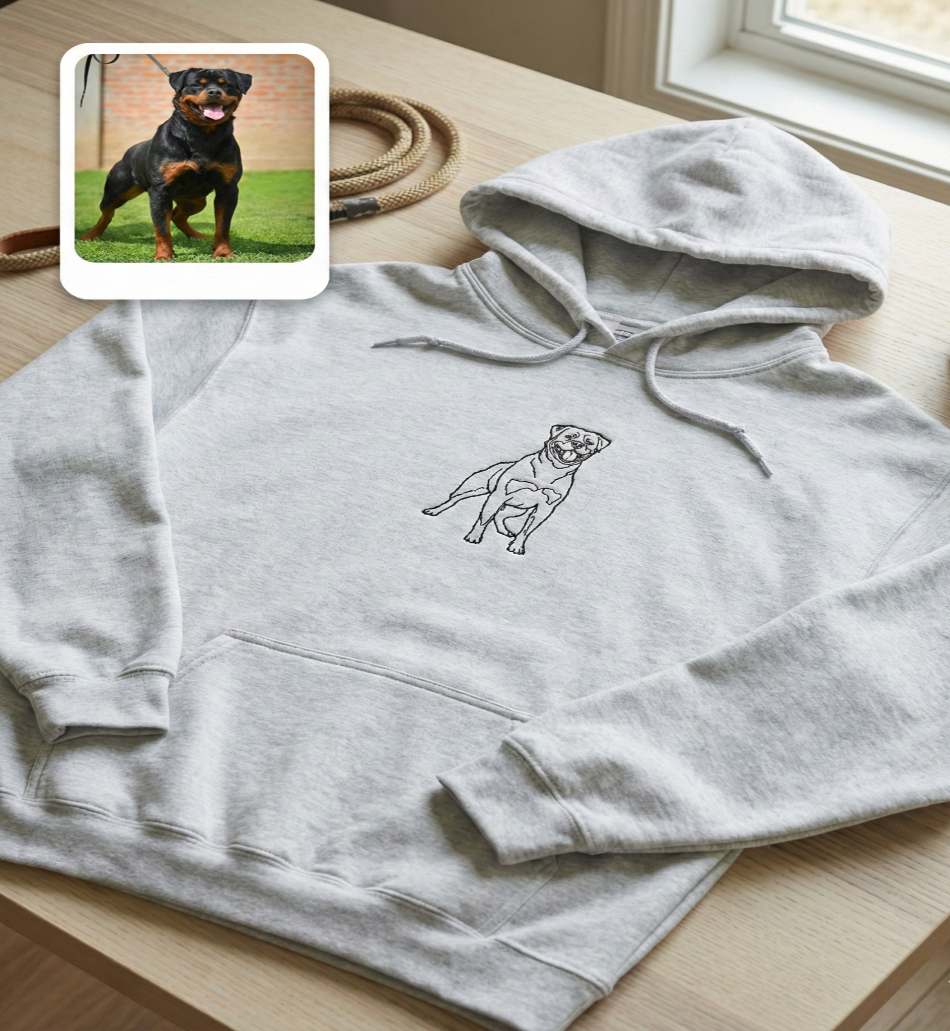 Gray hoodie with a dog illustration on a wooden surface, with a small inset photo of a Rottweiler.