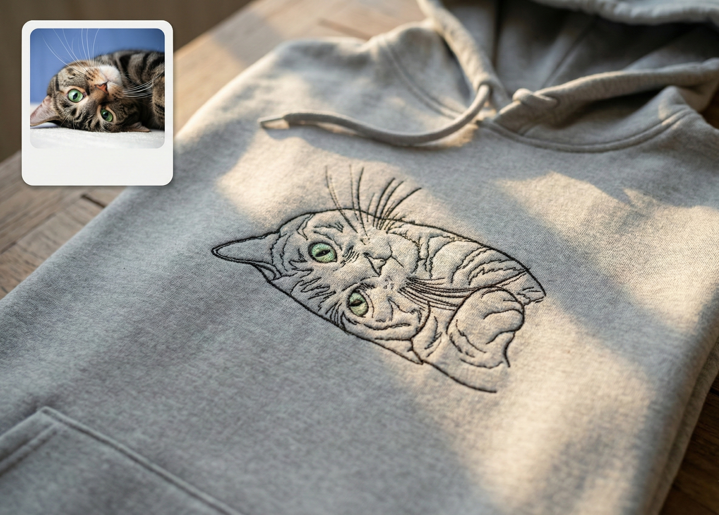Gray hoodie with cat embroidery on a wooden surface