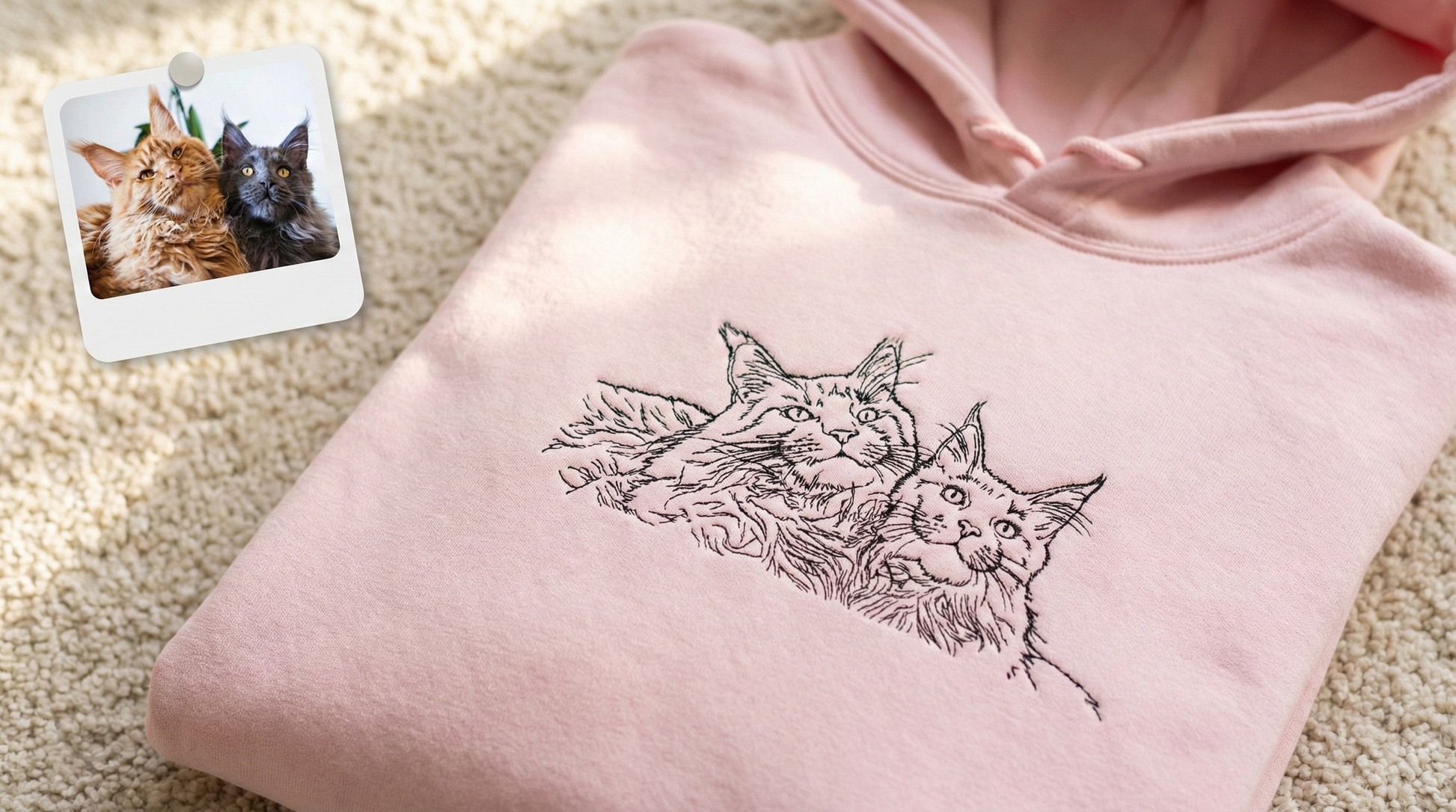 Pink hoodie with cat design and photo of cats on a beige surface