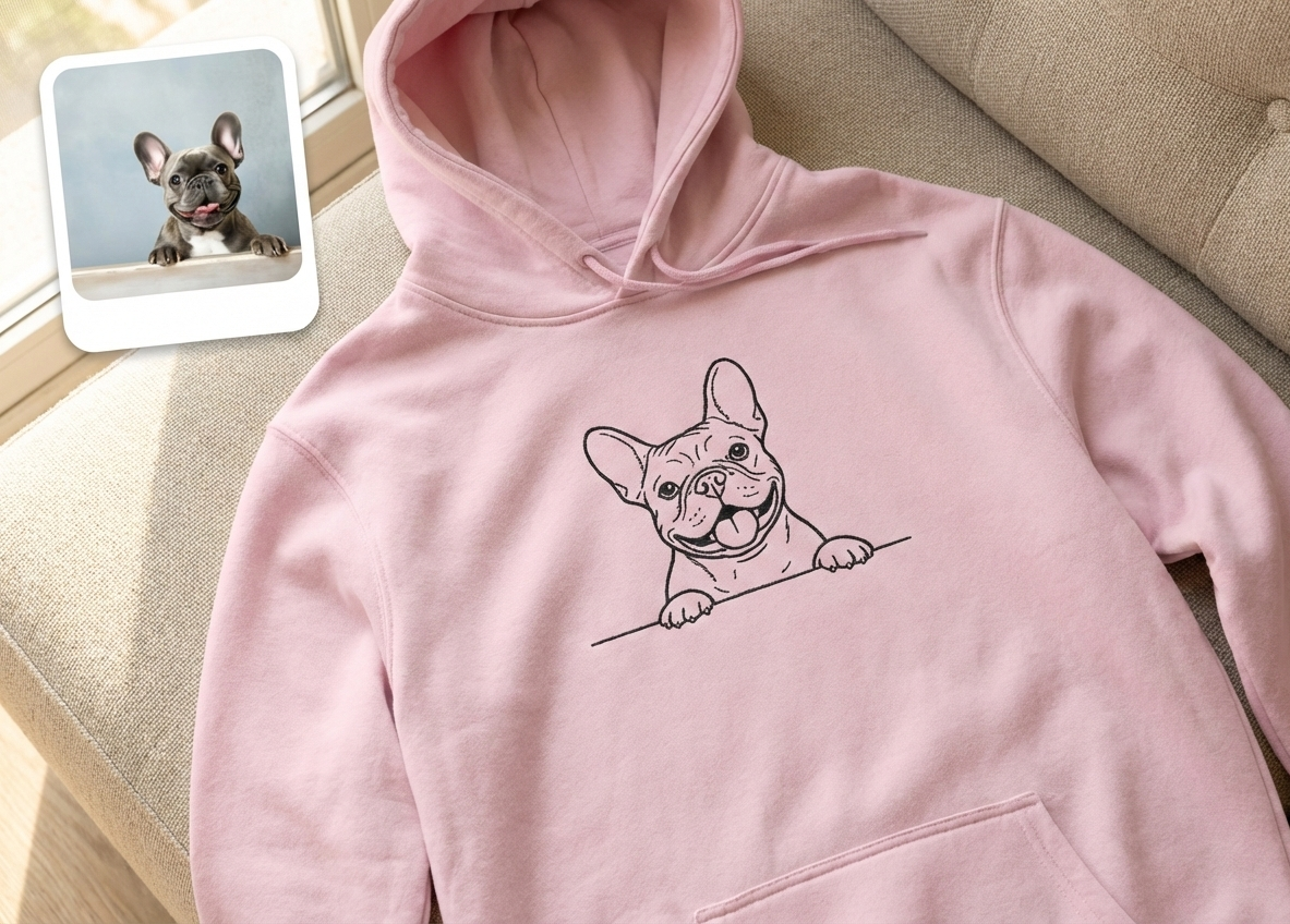 Pink hoodie with a dog illustration on a couch next to a phone displaying the same design.