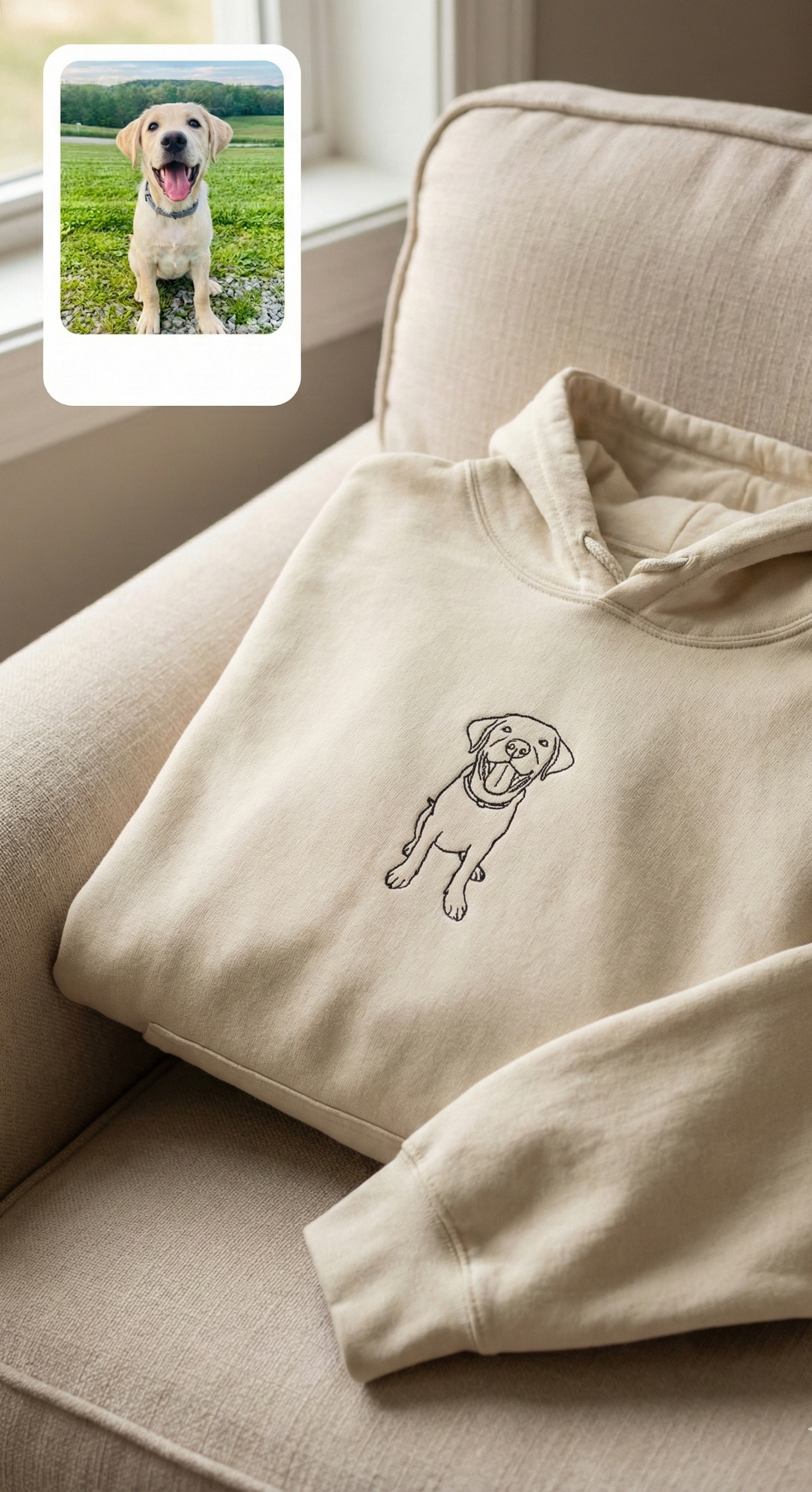 Beige hoodie with a dog illustration on a beige couch, with a small inset photo of a dog in a field.