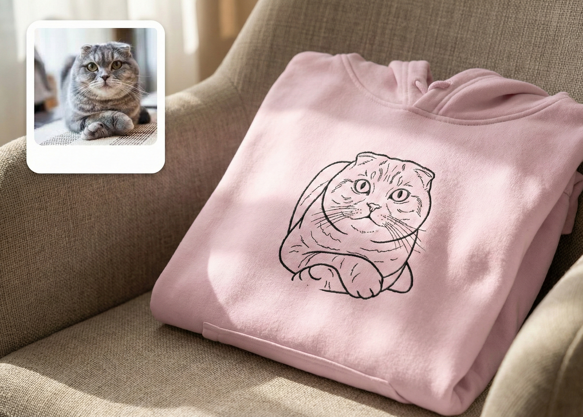 Pink hoodie with a cat design on a brown chair, with a close-up inset of a gray cat.