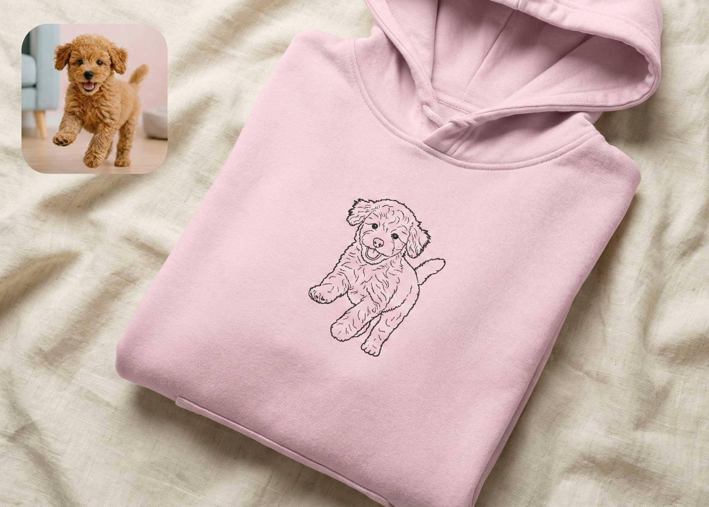 Pink hoodie with a dog illustration on a beige surface