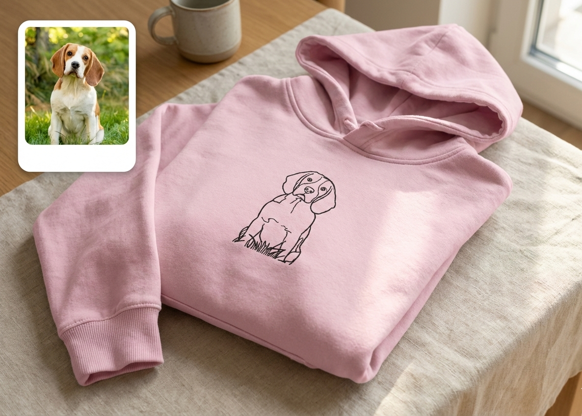 Pink hoodie with dog illustration on a table, with a small inset photo of a dog.