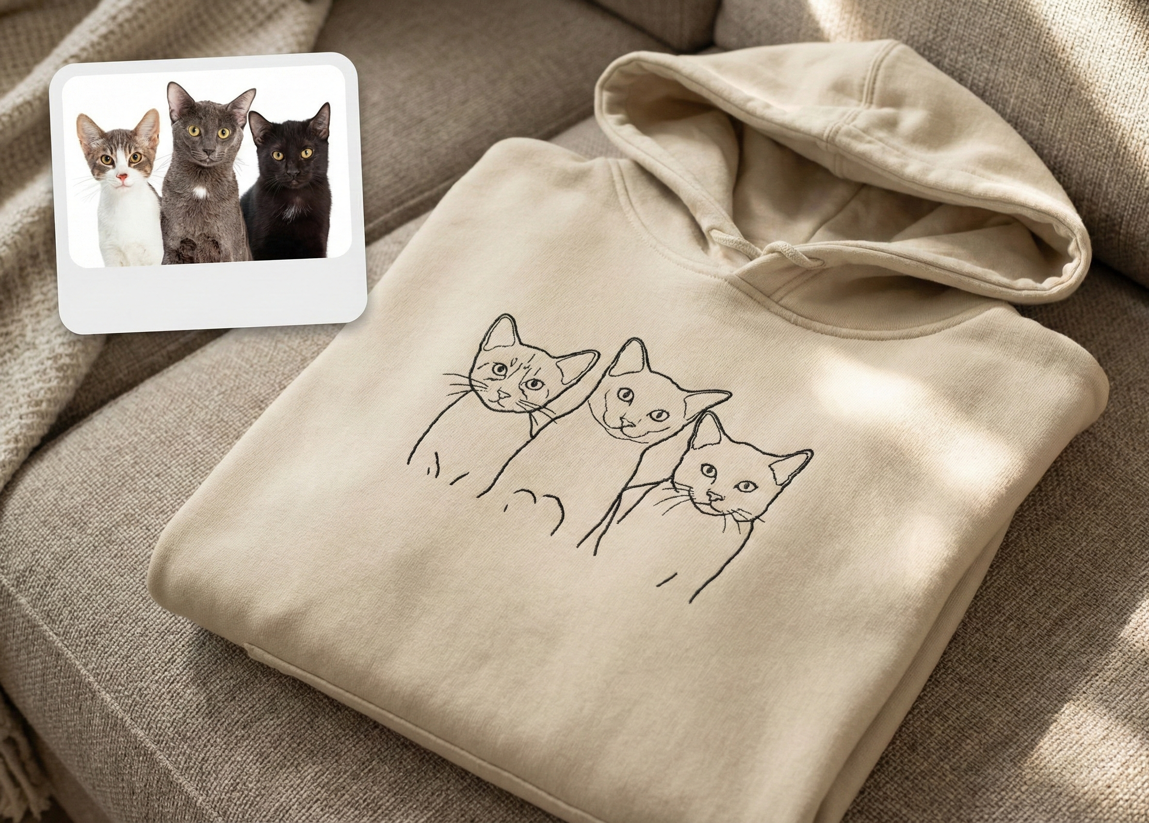 Beige hoodie with cat illustrations on a beige couch