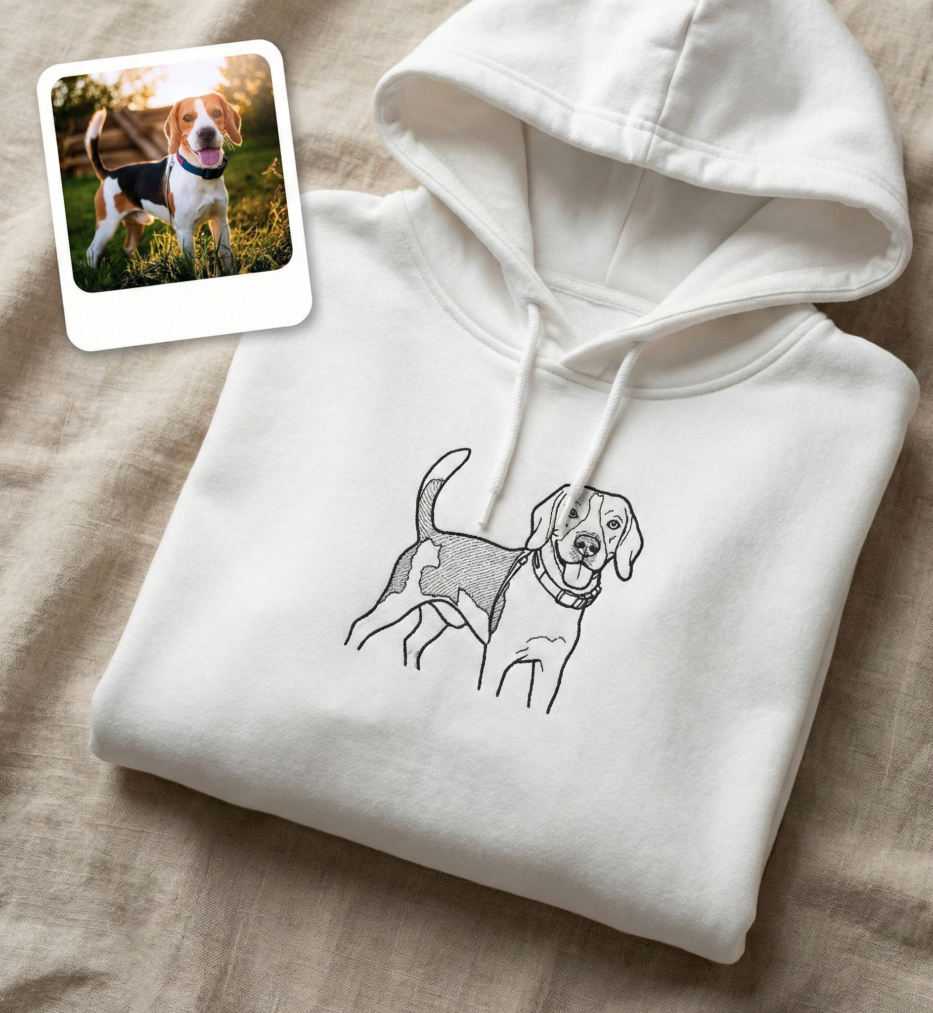 White hoodie with dog illustration and inset photo of a beagle on a beige surface
