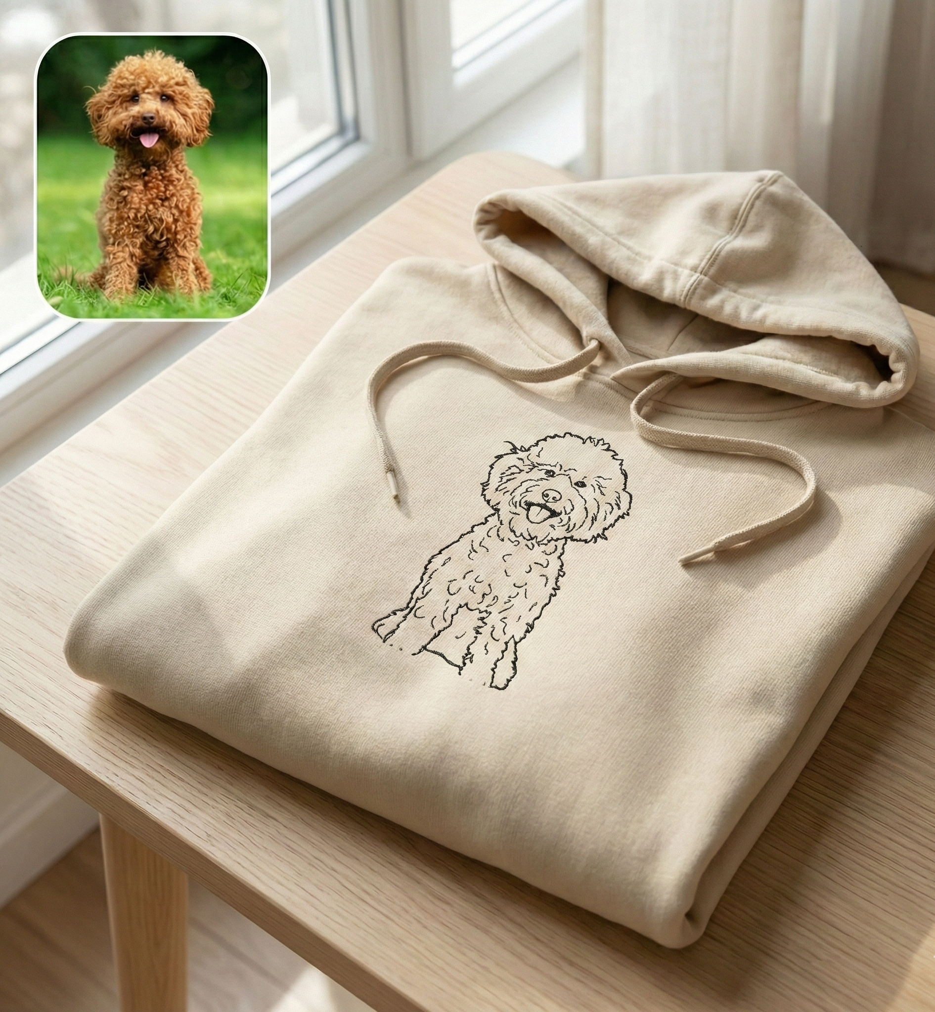 Beige hoodie with a dog illustration on a wooden table, with a small inset of a real dog.