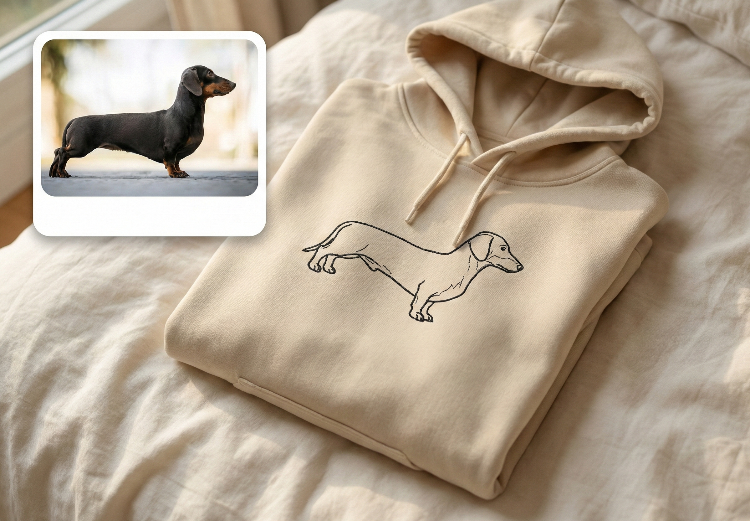 Beige hoodie with dachshund design on a bed