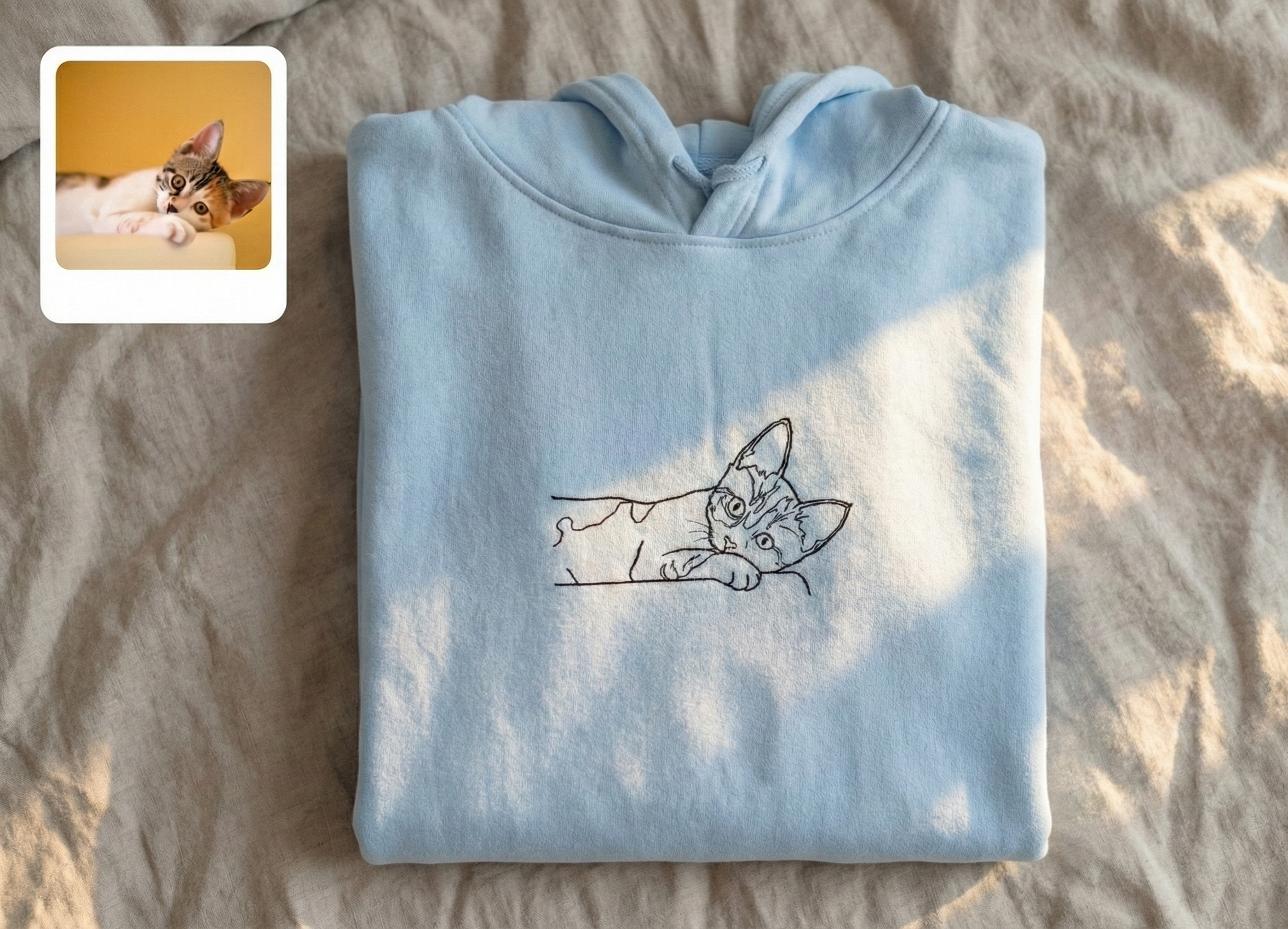 Folded light blue sweatshirt with a cat design on a beige surface