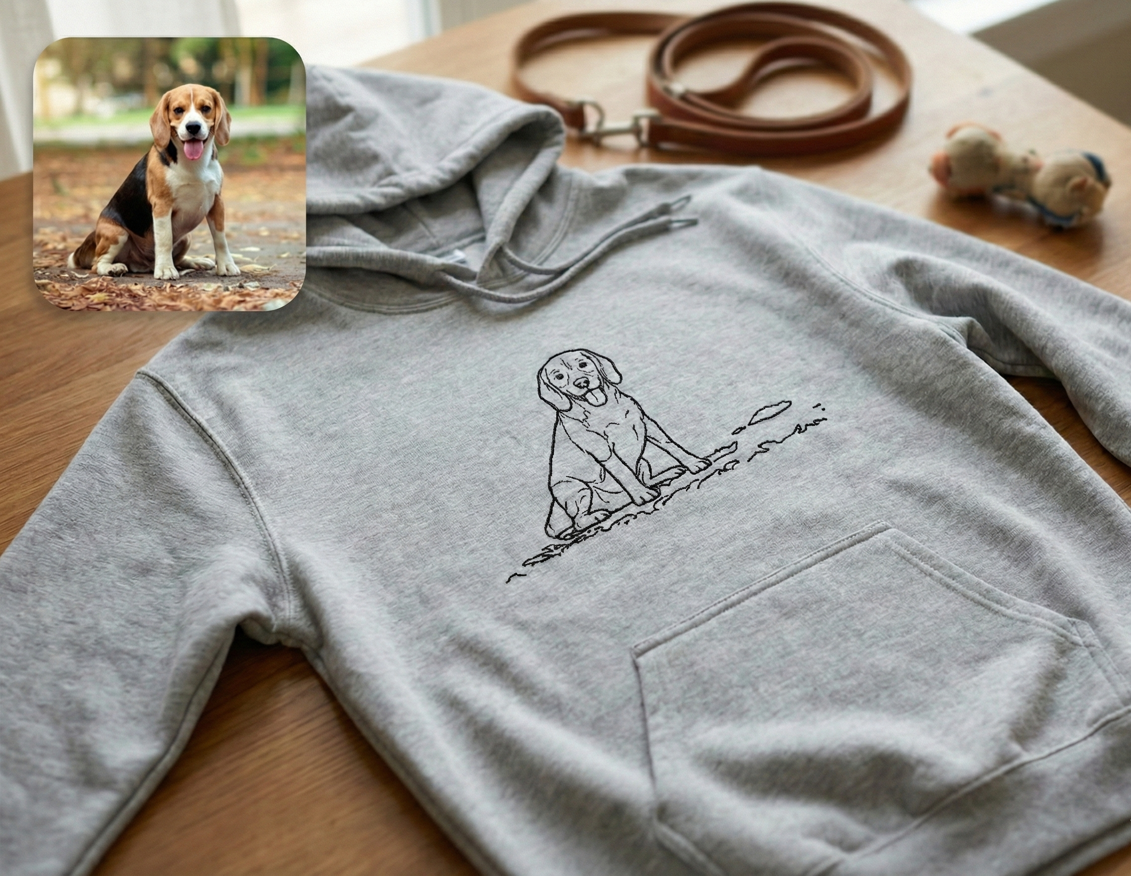 Gray hoodie with dog graphic on a wooden surface, with a photo of a dog in the corner.