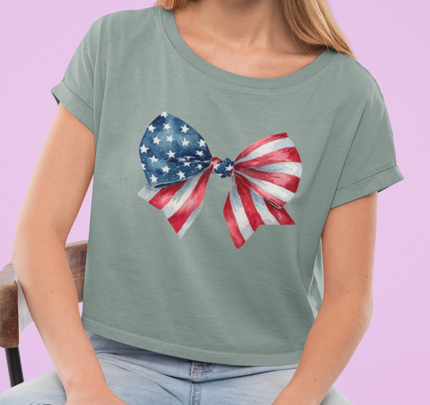 All-American Sweetheart Bow Crop 🎀 – Cute USA Flag Shirt for 4th of July Fun