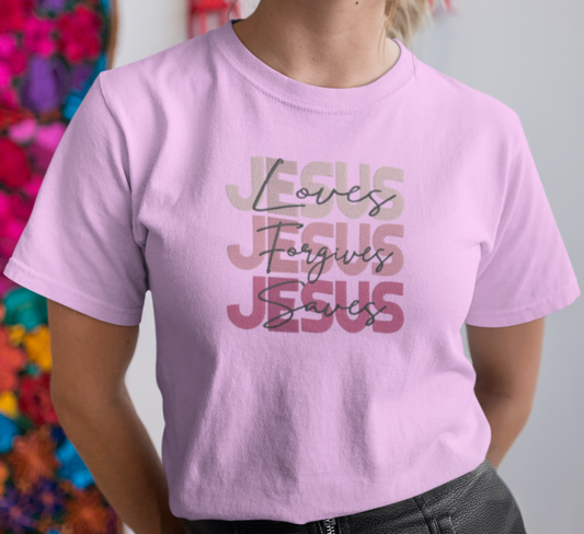 "Jesus Loves, Forgives, Saves" Christian Unisex T-Shirt – Faith in Every Stitch!