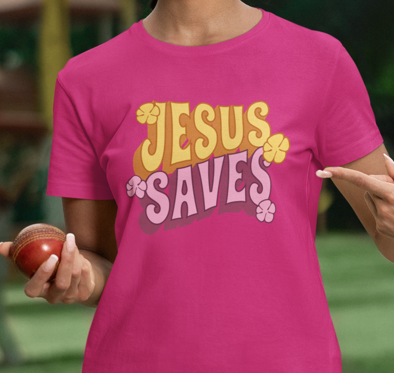 "Jesus Saves" Retro Christian T-Shirt – Faith with a Funky Twist!