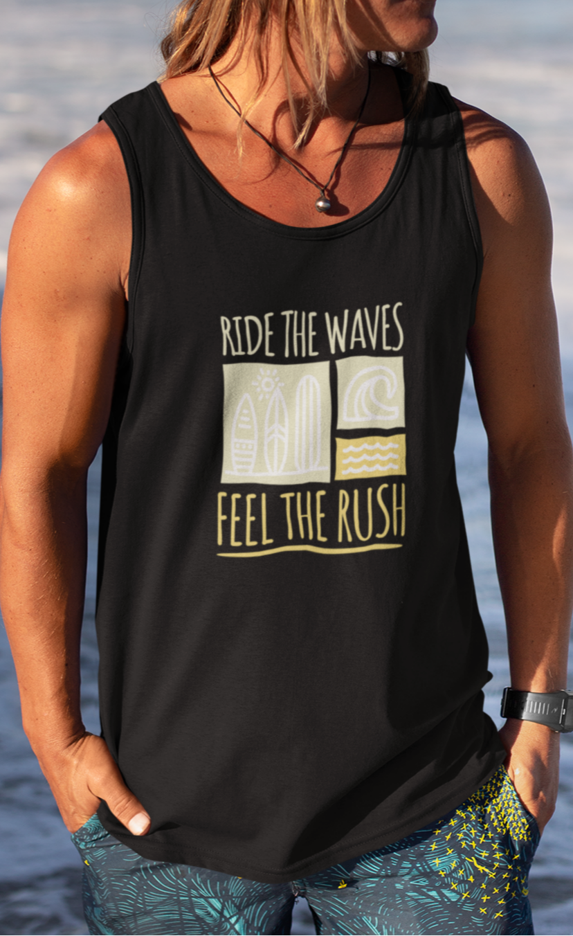 Person wearing a black tank top with text and graphics, standing on a beach.